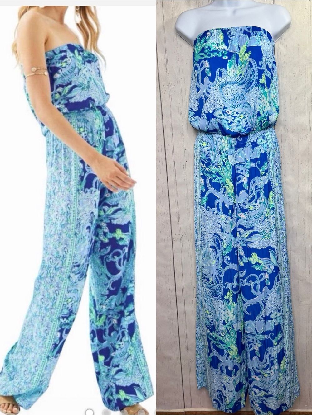 Lilly Pulitzer Blue Sea Sirens Strapless Wide Leg Jumpsuit XS Tropical Resort